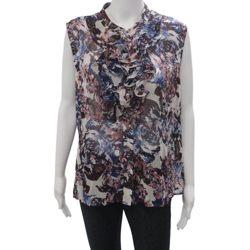 Tahari Levine Womens Floral Highneck Sleeveless Button Up Blouse Beige Size PXL
